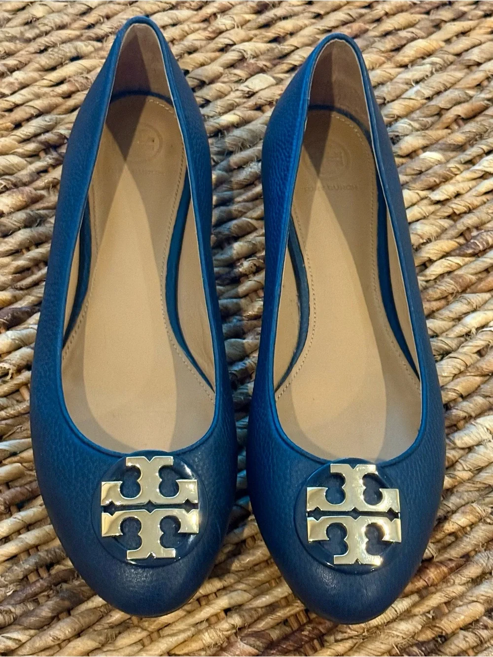 Tory Burch Navy Leather Logo Flats with Gold Emblem